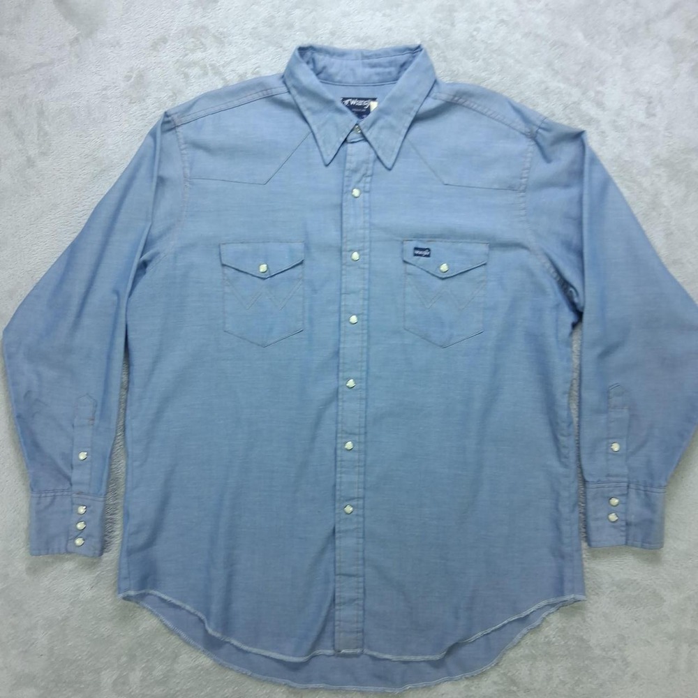 Mens Vintage Wrangler Long Sleeve Western Pearl Snap Shirt Blue 18x35 USA